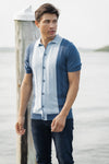 Blue Jacquard Short Sleeve Knit Polo