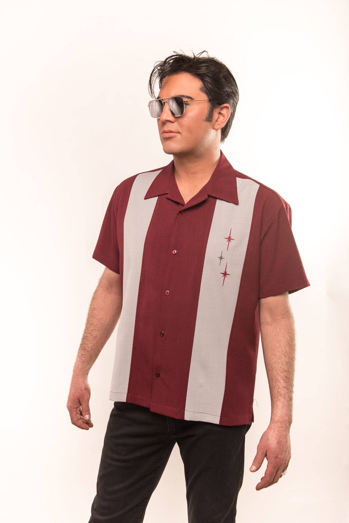 Three Star Panel Bowling Shirt in Burgundy Clothier to The King