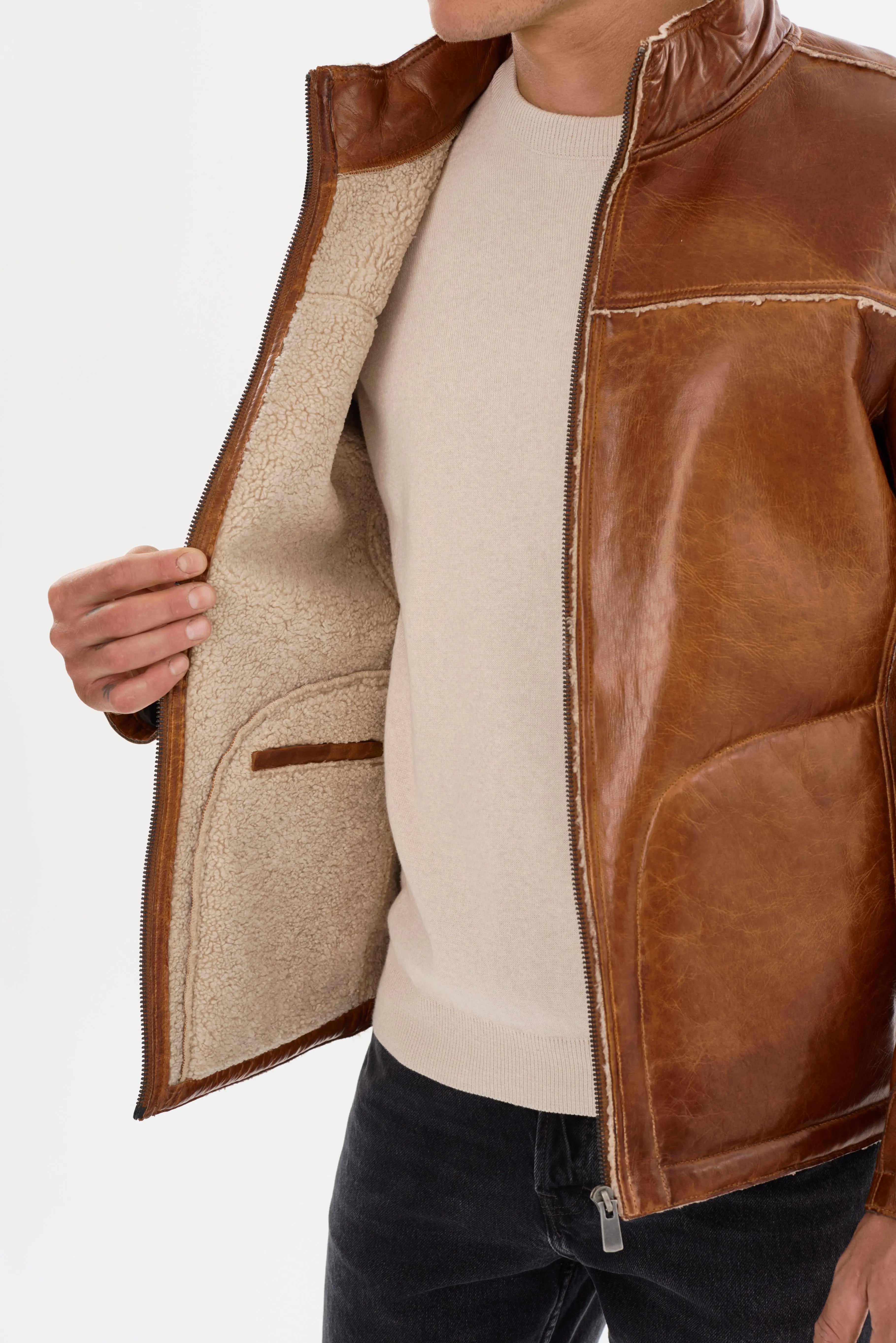 Shelby Double Stripe Moto Jacket – Black/Cognac Lambskin Leather