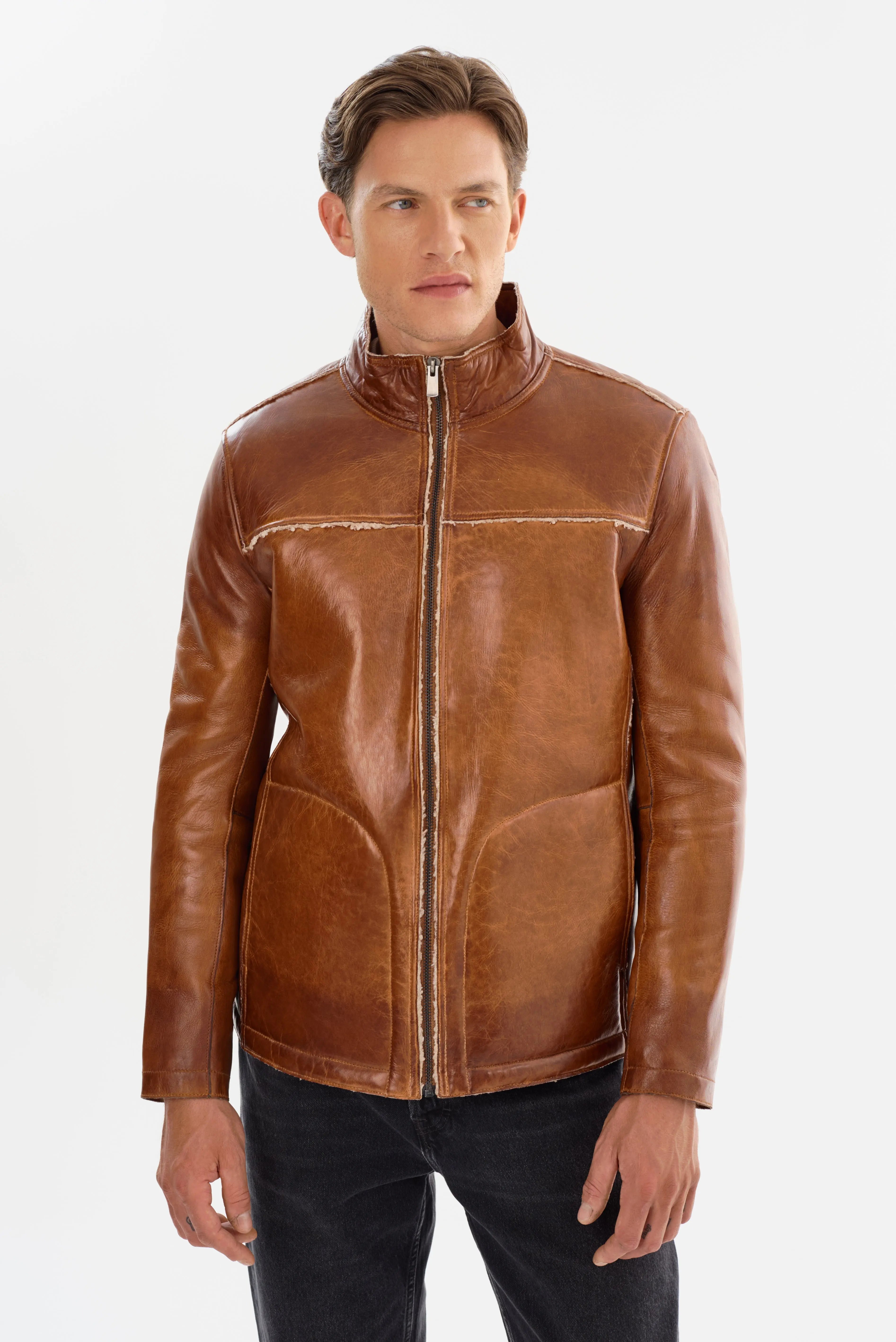 Shelby Double Stripe Moto Jacket – Black/Cognac Lambskin Leather