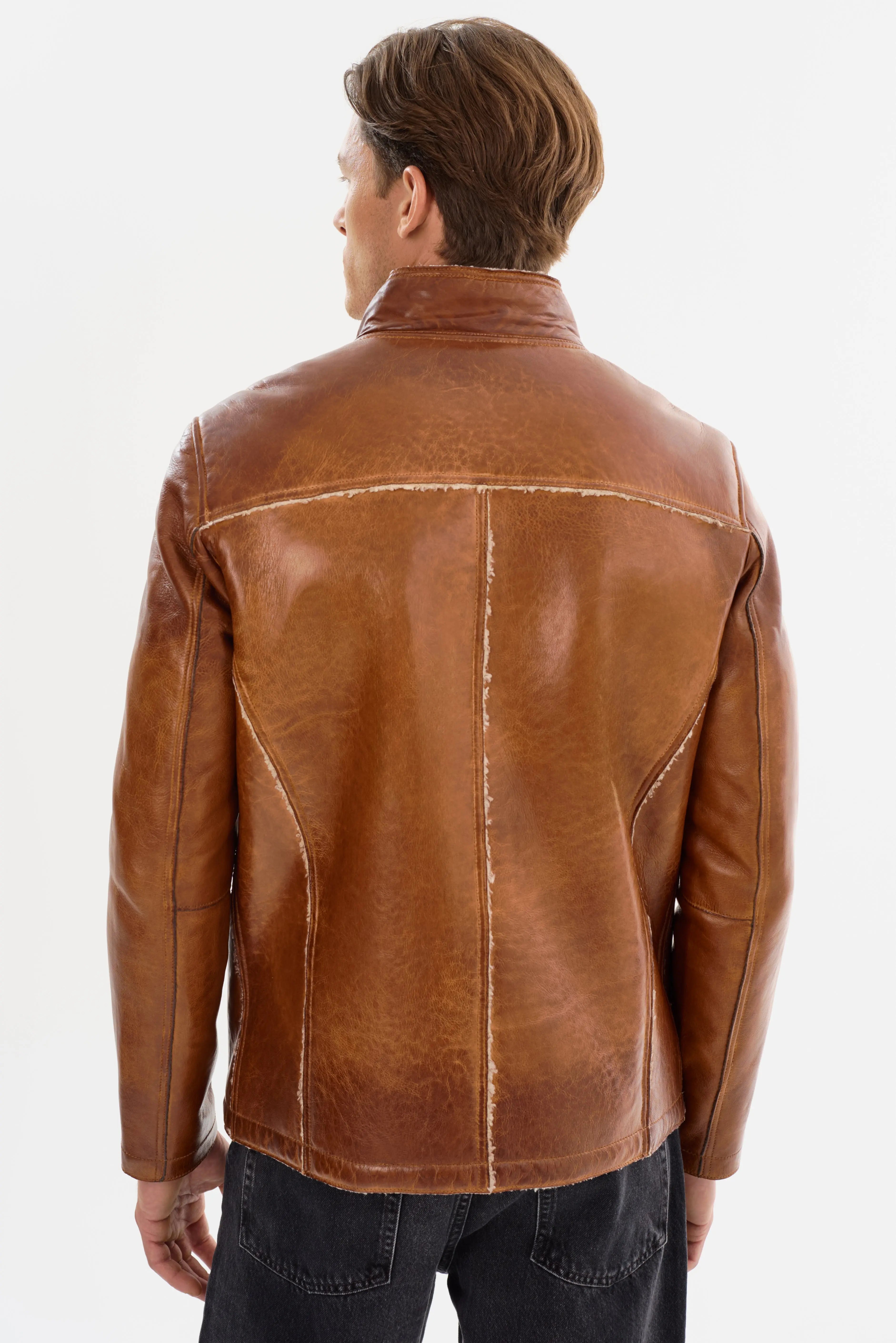 Shelby Double Stripe Moto Jacket – Black/Cognac Lambskin Leather