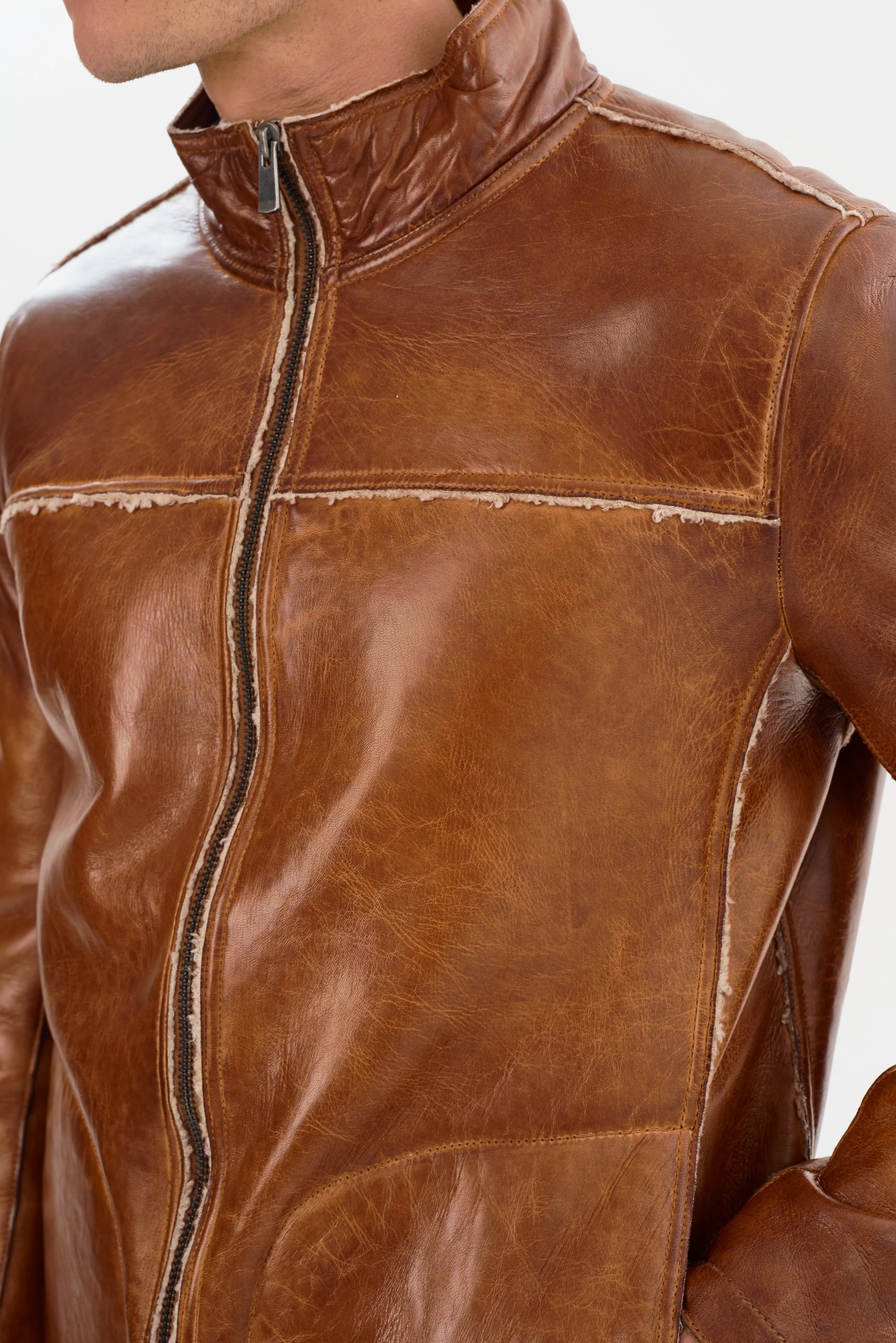 Shelby Double Stripe Moto Jacket – Black/Cognac Lambskin Leather