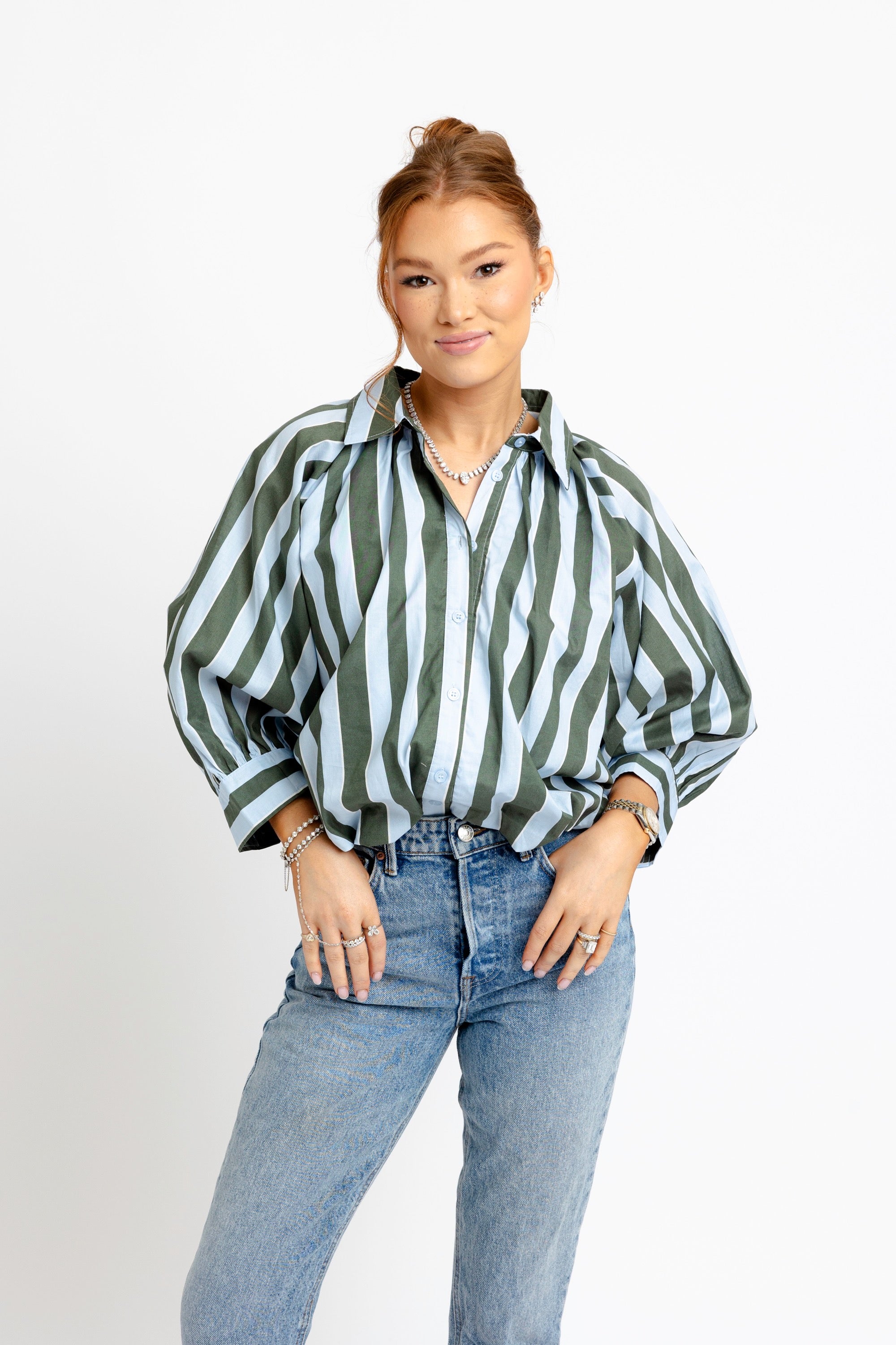 STRIPE COLLAR BUBBLE 3/4 SLV TOP