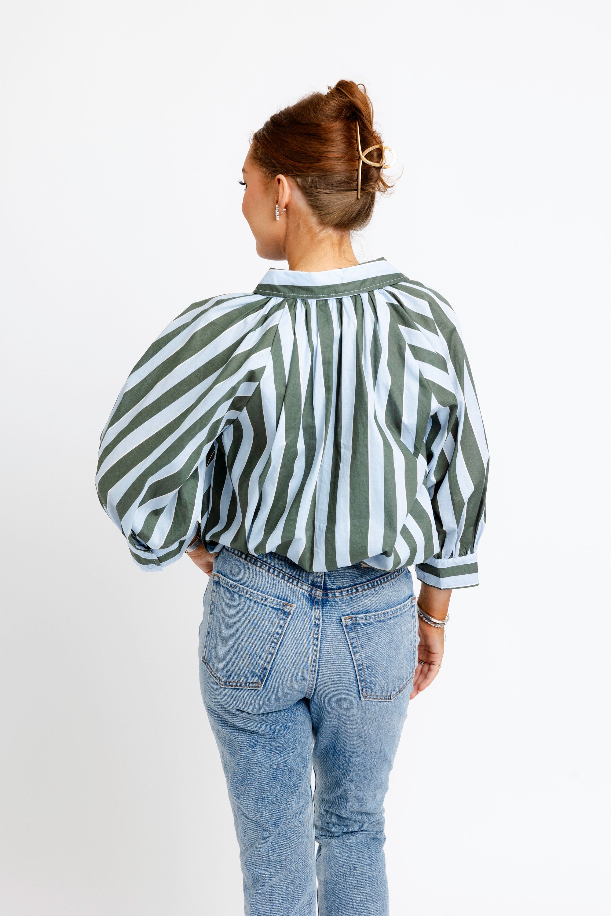 STRIPE COLLAR BUBBLE 3/4 SLV TOP