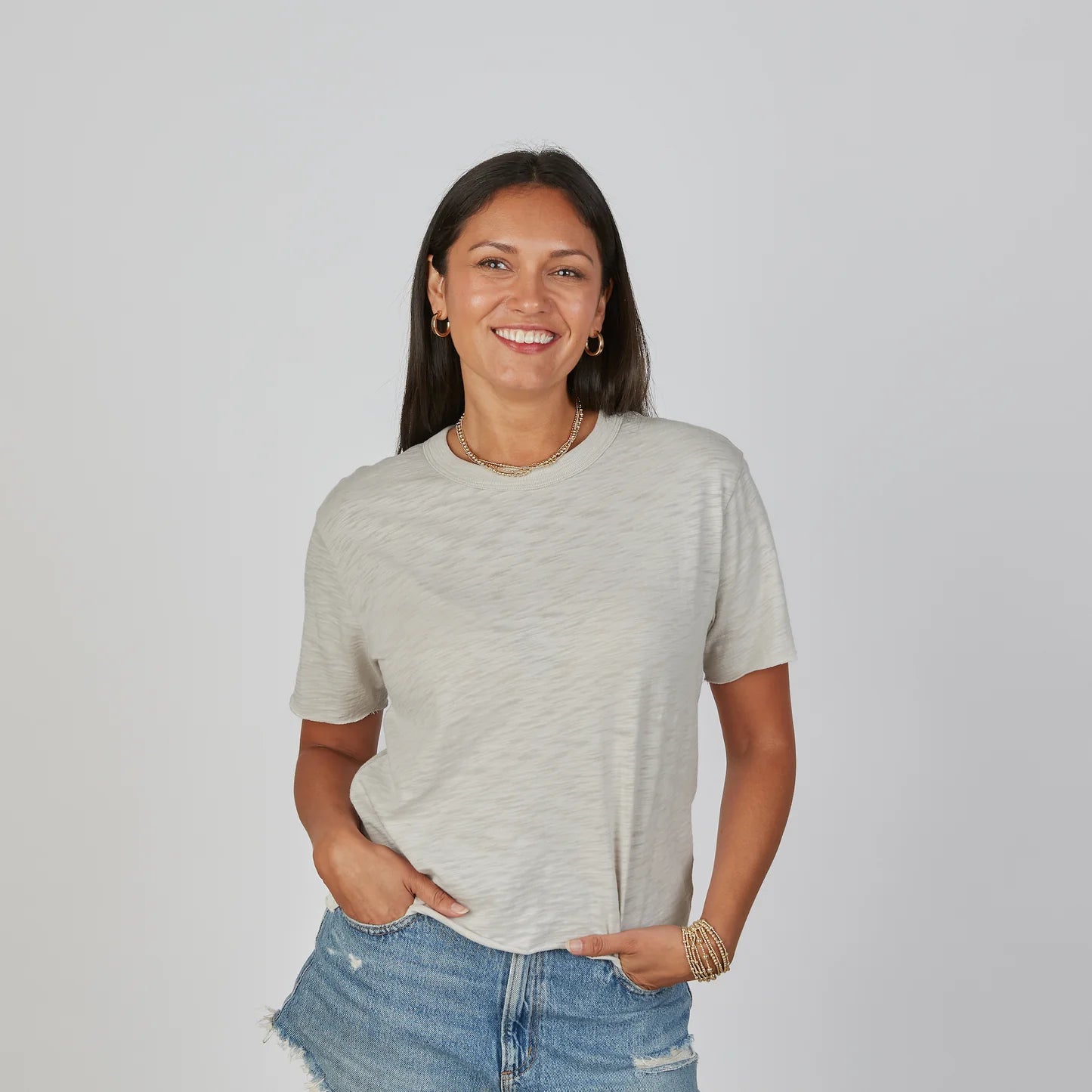 Relaxed Crew in Oyster w/ White Stripe