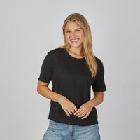 Relaxed Crew in Black w/ Oyster Stripe
