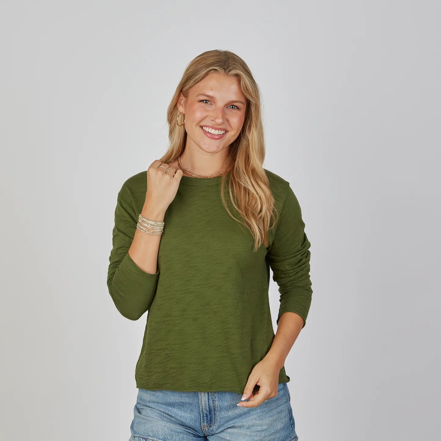 Relaxed Crew Green w/ Denim Blue Stripe