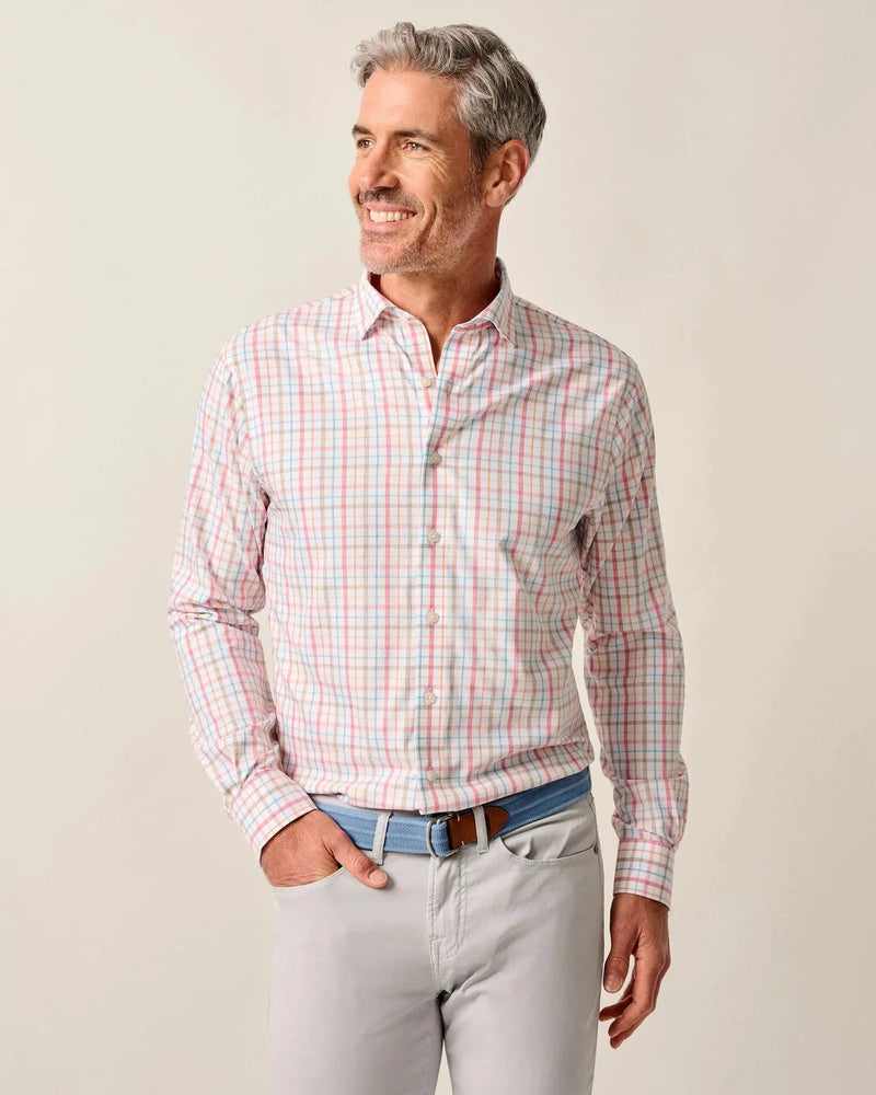 Front view of Johnnie-O Maarten Performance Button Down Shirt in Cinnamon