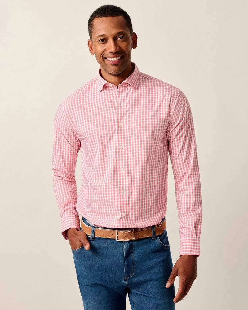Front view of Johnnie-O Westwood Performance Button Down in Lobster, long sleeve woven shirt