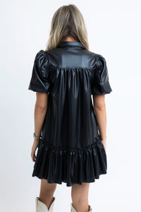 Solid Pleather Puff Slv Ruffle Dress