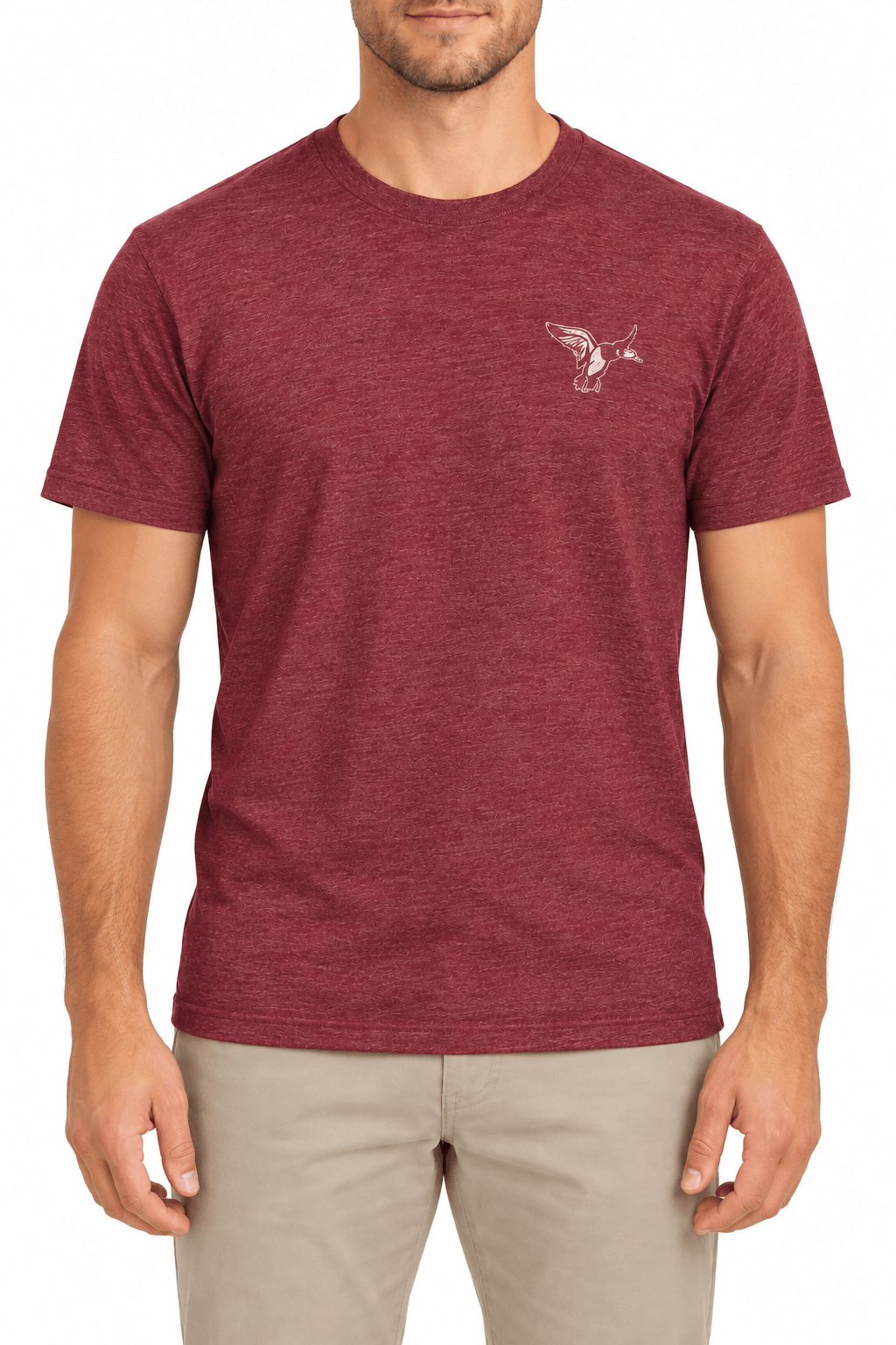 Male model wearing The Duck Stops Here Scarlett short-sleeved tee with cream duck chest graphic