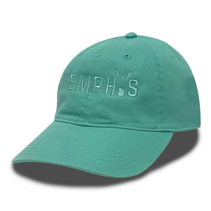 Front view of Oasis blue Memphis Guitar Logo Hat with embroidered guitar logo