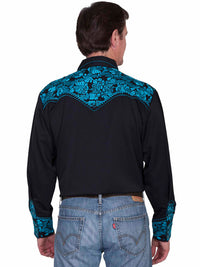 Floral Embroidered Rockabilly Shirt - Turquoise