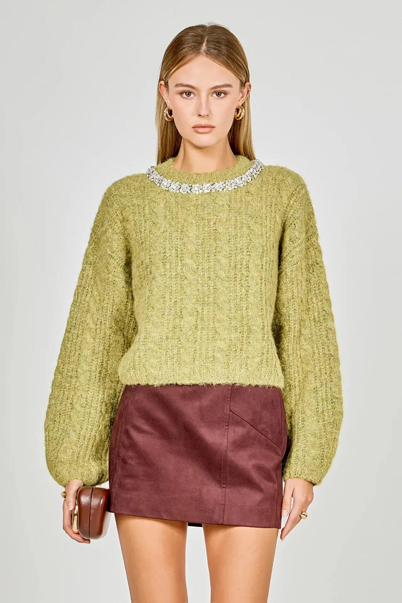 Jewel Embroidered Fuzzy Cable Knit Chunky Sweater ENDLESS ROSE