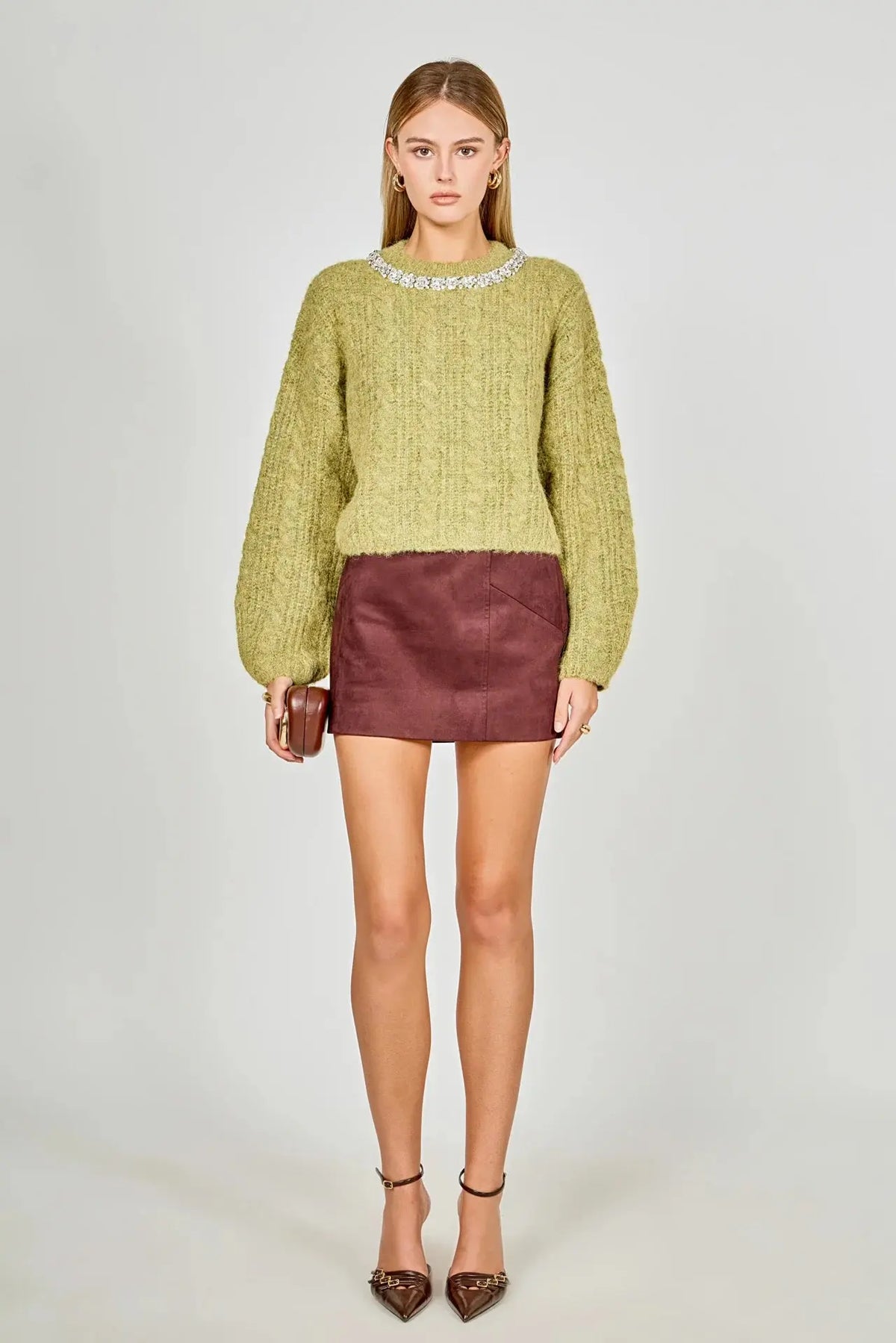 Jewel Embroidered Fuzzy Cable Knit Chunky Sweater ENDLESS ROSE