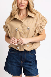 Solid Poplin Jeweled Top - Khaki