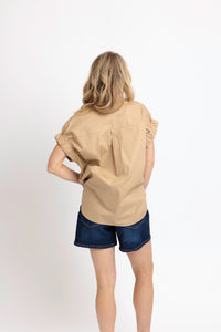 Solid Poplin Jeweled Top - Khaki