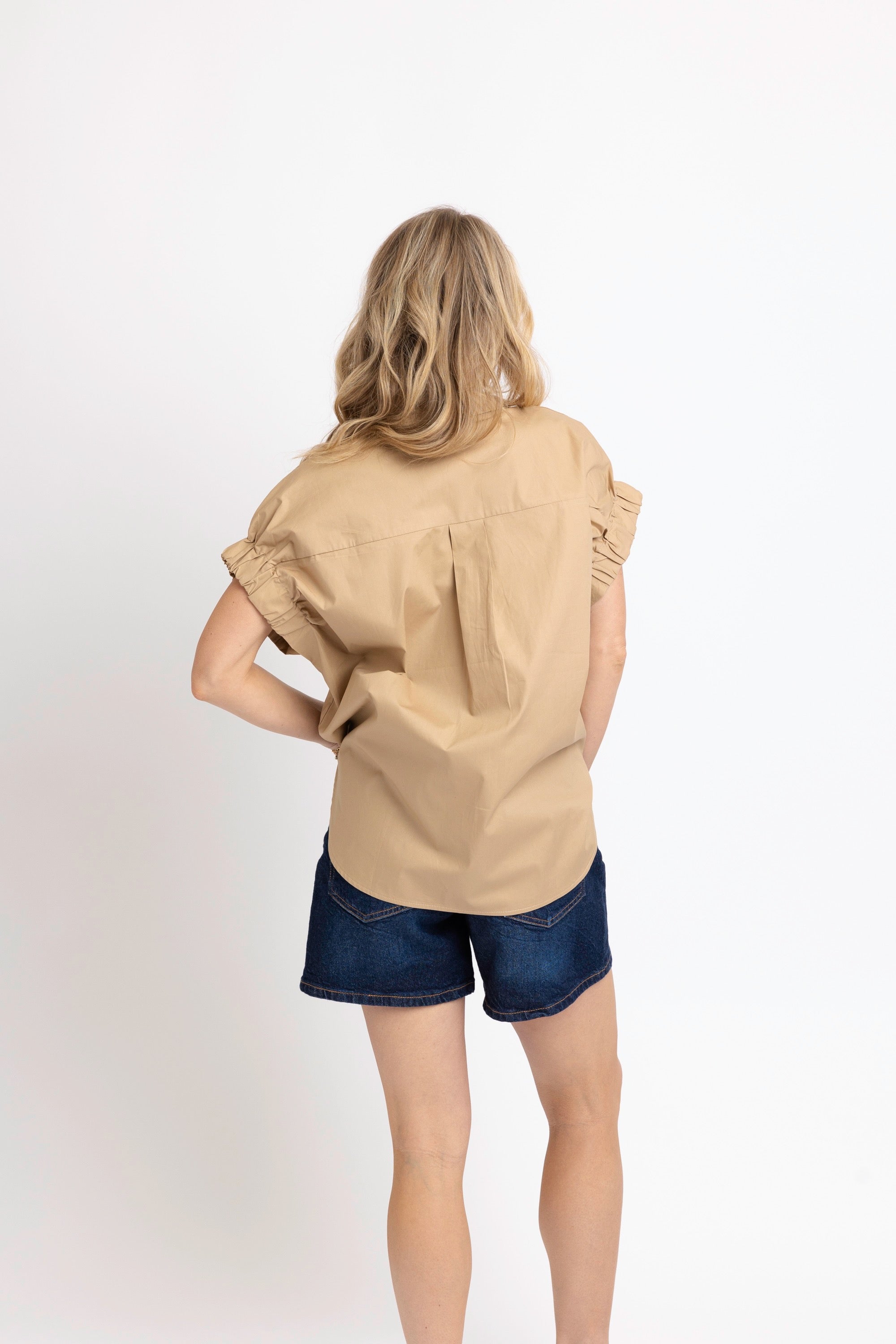 Solid Poplin Jeweled Top - Khaki