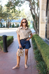 Solid Poplin Jeweled Top - Khaki