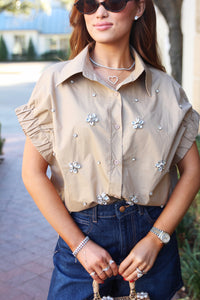 Solid Poplin Jeweled Top - Khaki
