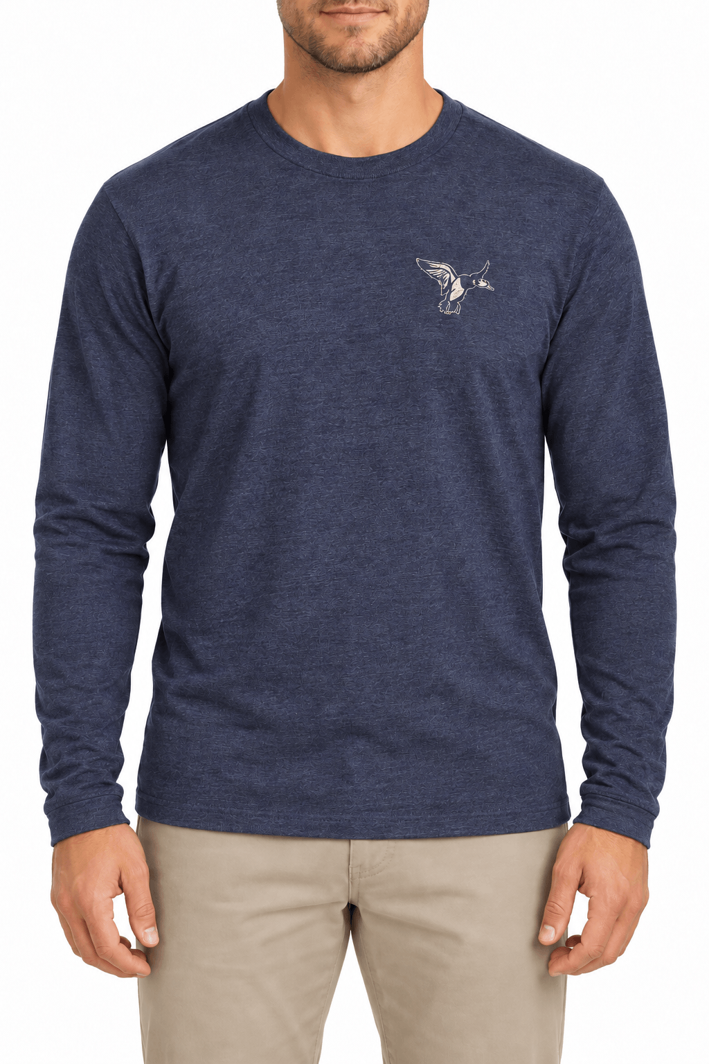 Male model wearing The Duck Stops Here navy long-sleeved tee with cream duck chest graphic
