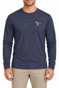 Male model wearing The Duck Stops Here navy long-sleeved tee with cream duck chest graphic