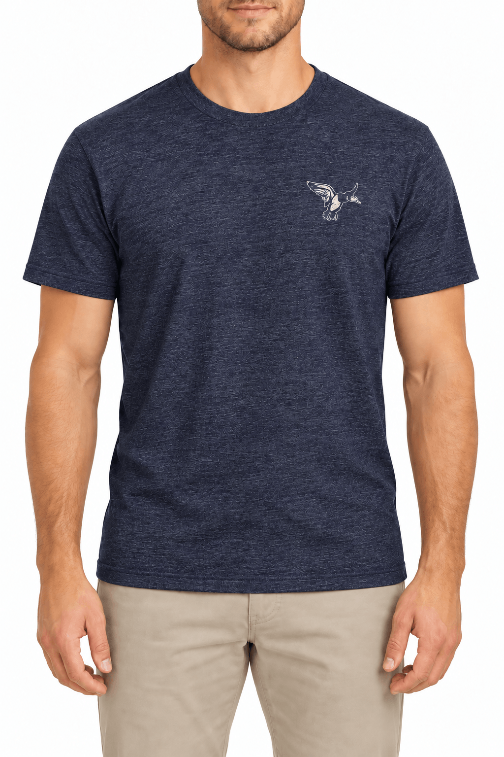 Male model wearing The Peabody Duck Stops Here navy short-sleeved tee with cream duck chest graphic