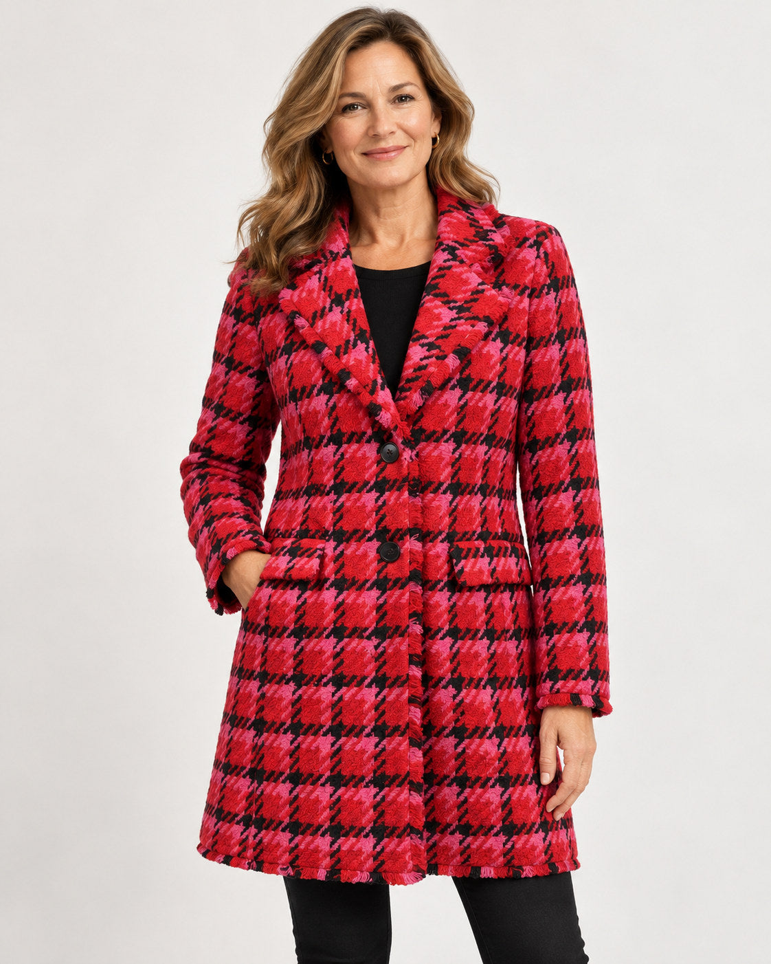 Pink & Red Houndstooth Tweed Coat