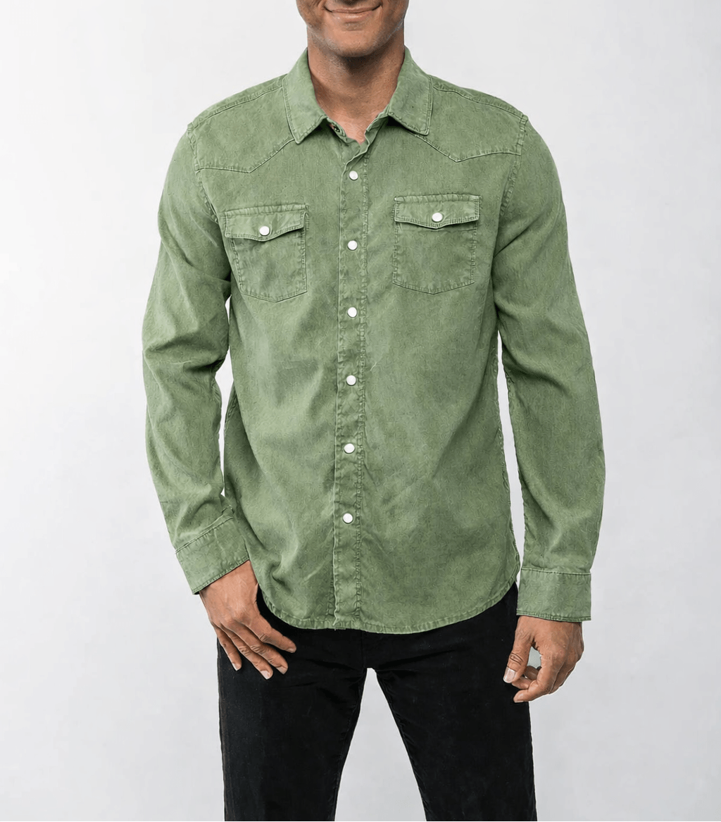 Man wearing a green shirt against a white background