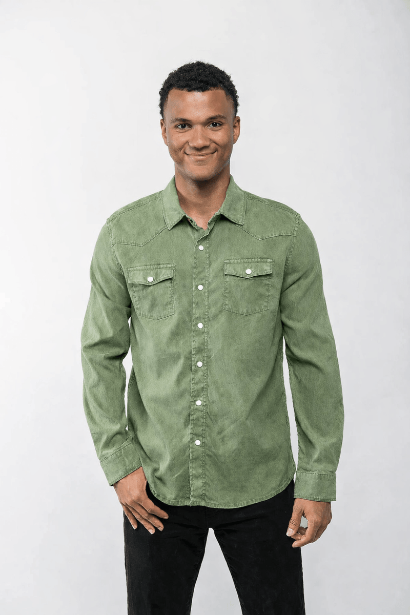 Man wearing a green shirt against a white background