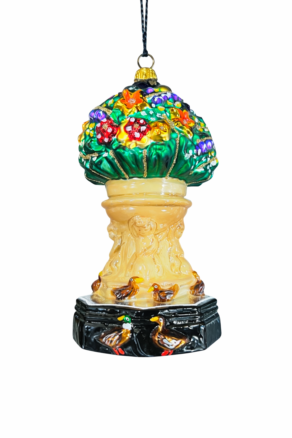 Decorative ornament with floral design and birds on a white background