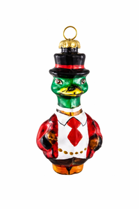 The Duck Pendant Ornament is a handcrafted glass Christmas ornament shaped like a duck in a red jacket, white shirt, red tie, and black top hat with a gold hanging loop—made in Poland by Joy To The World Collectible.