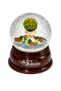 The Peabody Snowglobe displays a small tree in a fountain with ducks, set on a dark wooden base labeled "The Peabody Memphis"—a perfect keepsake for fans of the iconic hotel.