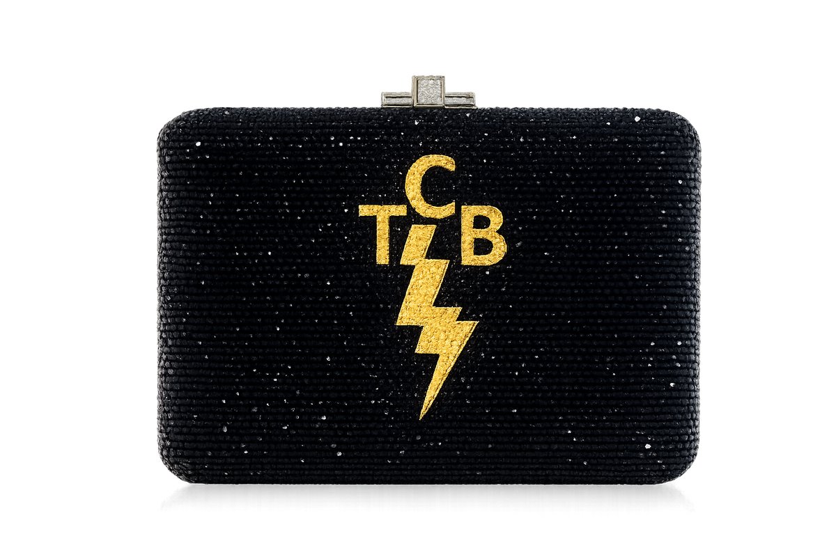 Black beaded clutch with gold 'tcb' and lightning bolt design on a white background