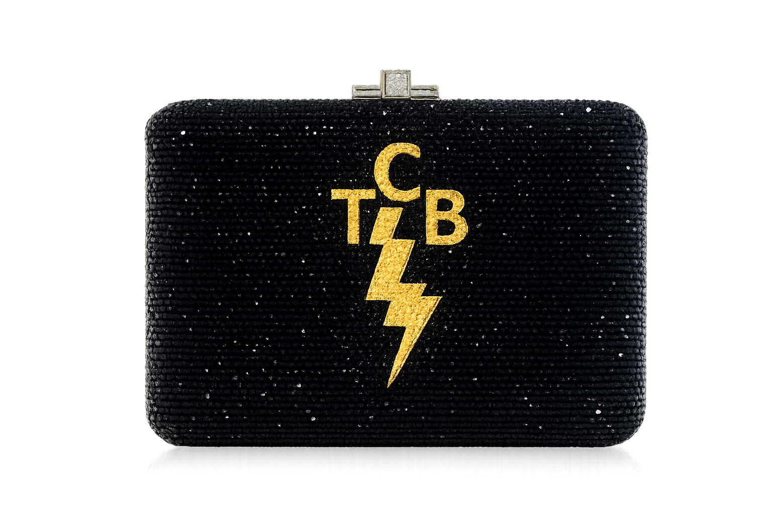 Black beaded clutch with gold 'tcb' and lightning bolt design on a white background