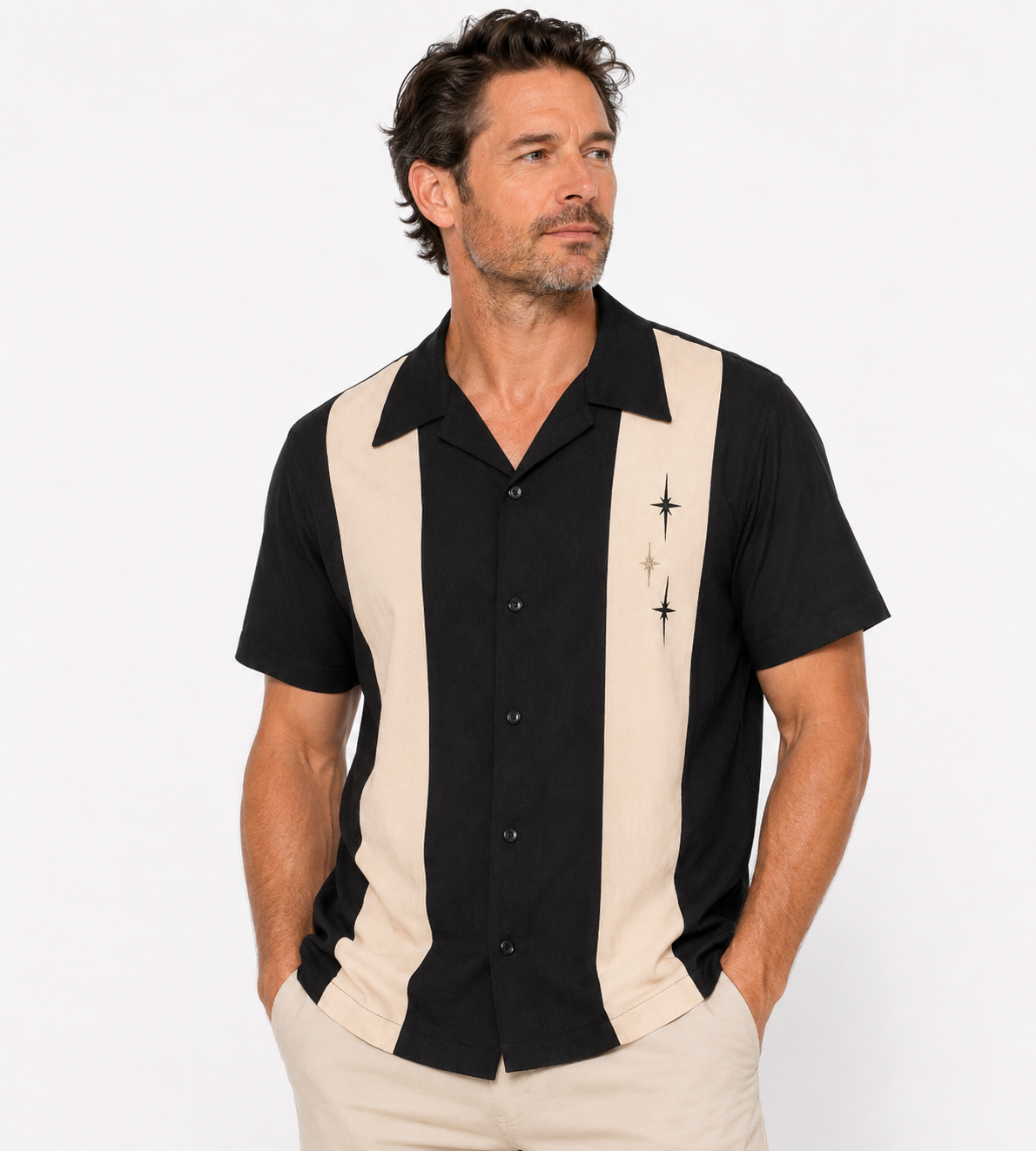 Three Star Panel Bowling Shirt - Black