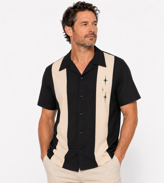Three Star Panel Bowling Shirt - Black - Lansky Bros. | Clothier to