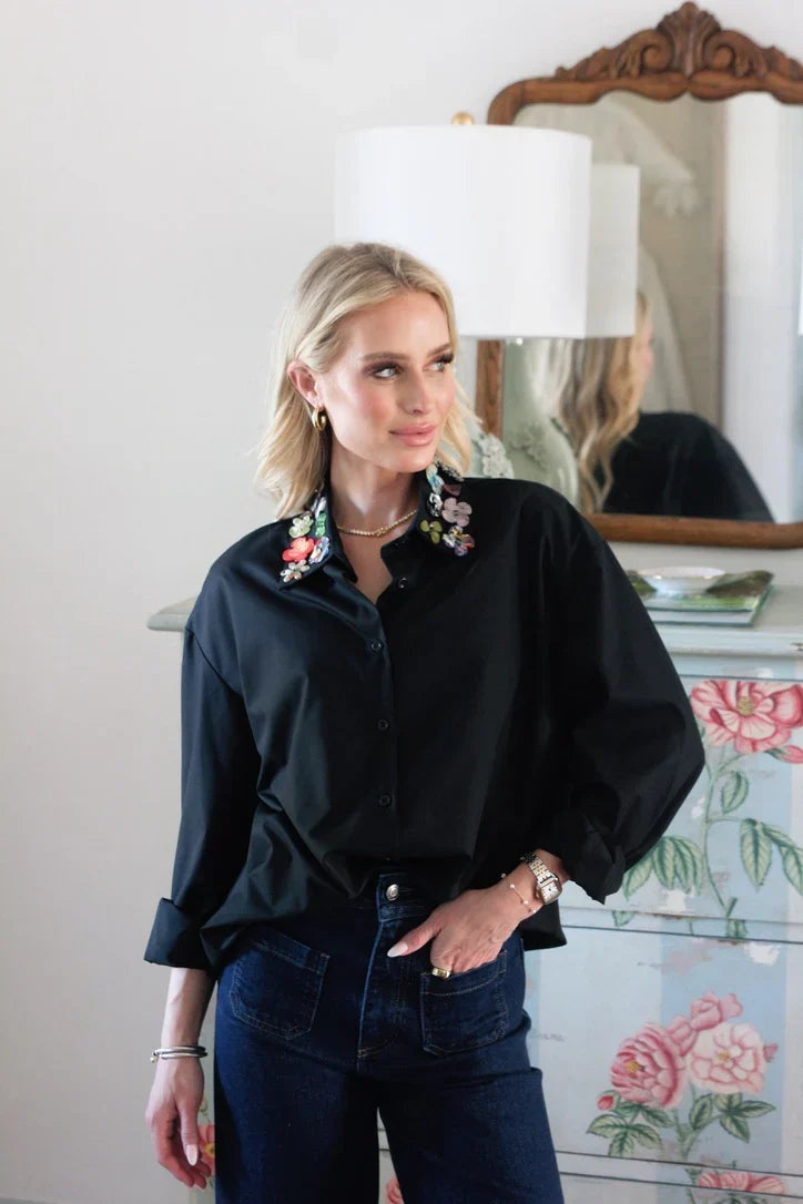 Embellished Collar Poplin Top