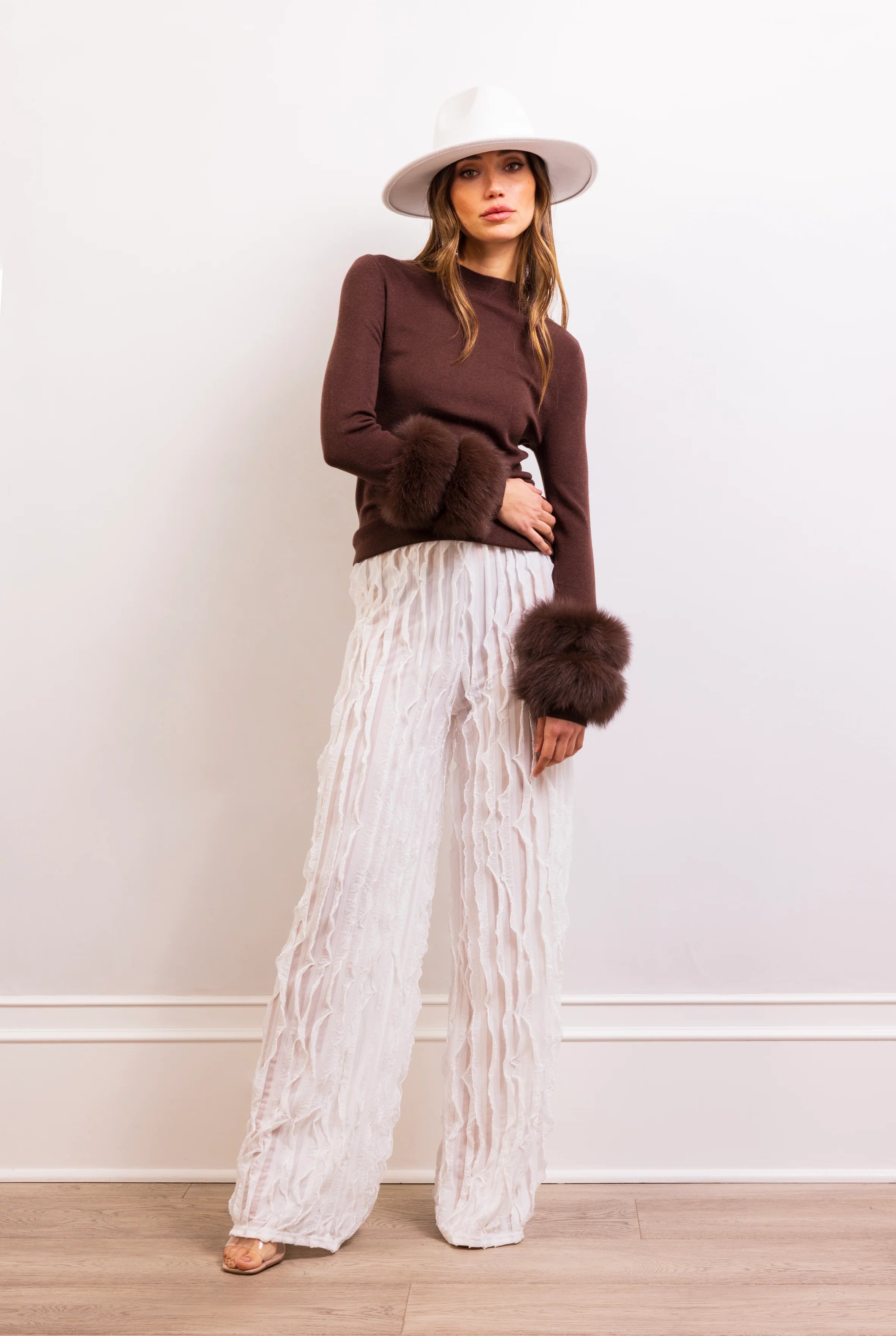 Samara Removable Fur Cuff Wool Sweater-Brown