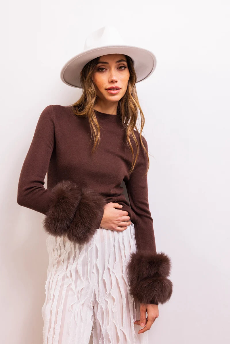 Samara Removable Fur Cuff Wool Sweater-Brown