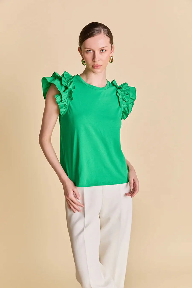 Mixed Media Ruffle Detail T-shirt English Factory