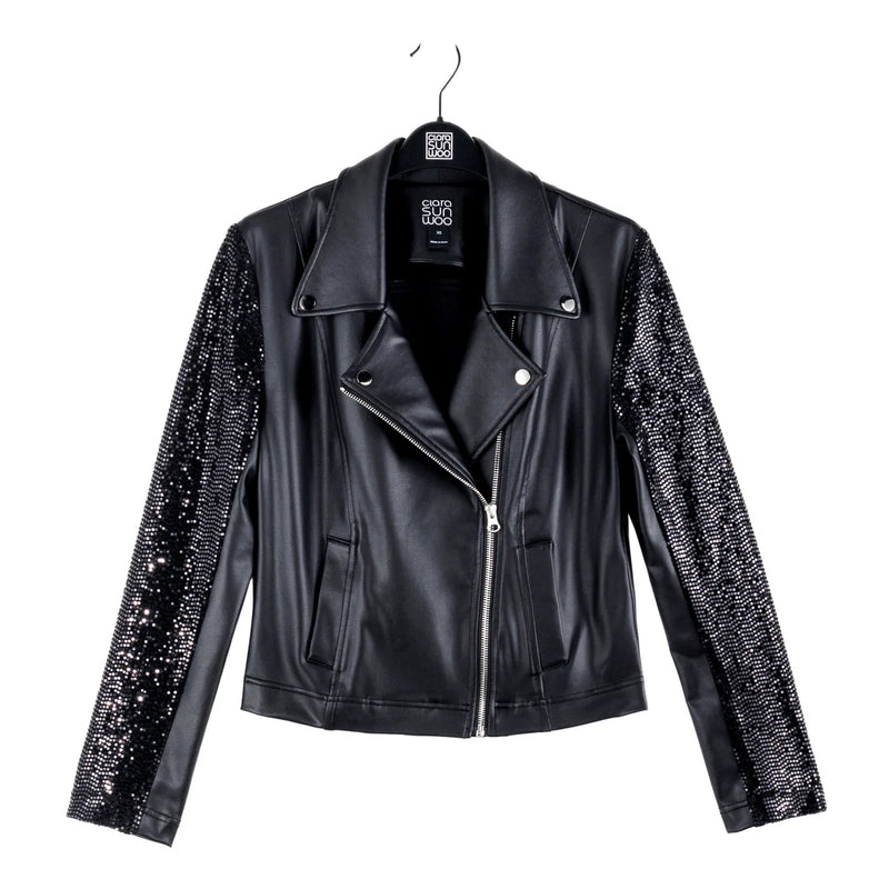 Sequin Knit - Liquid Leather™ Sheen Moto Jacket - Black