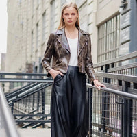 Vegan Leather Distressed Moto Waist Jacket - Brown Clara Sun Woo