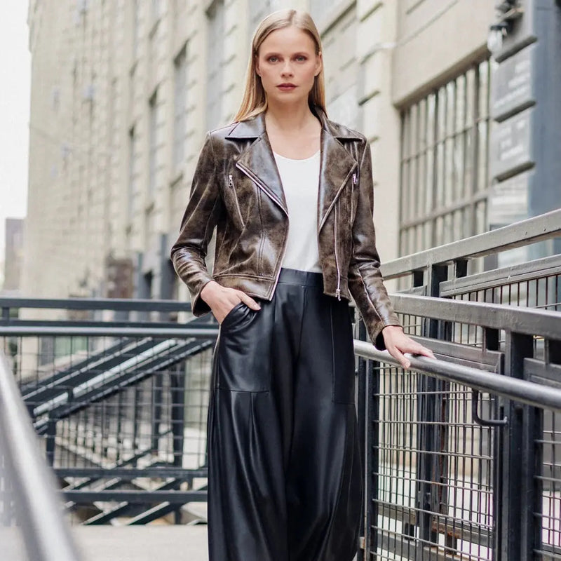 Vegan Leather Distressed Moto Waist Jacket - Brown Clara Sun Woo