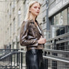 Vegan Leather Distressed Moto Waist Jacket - Brown Clara Sun Woo
