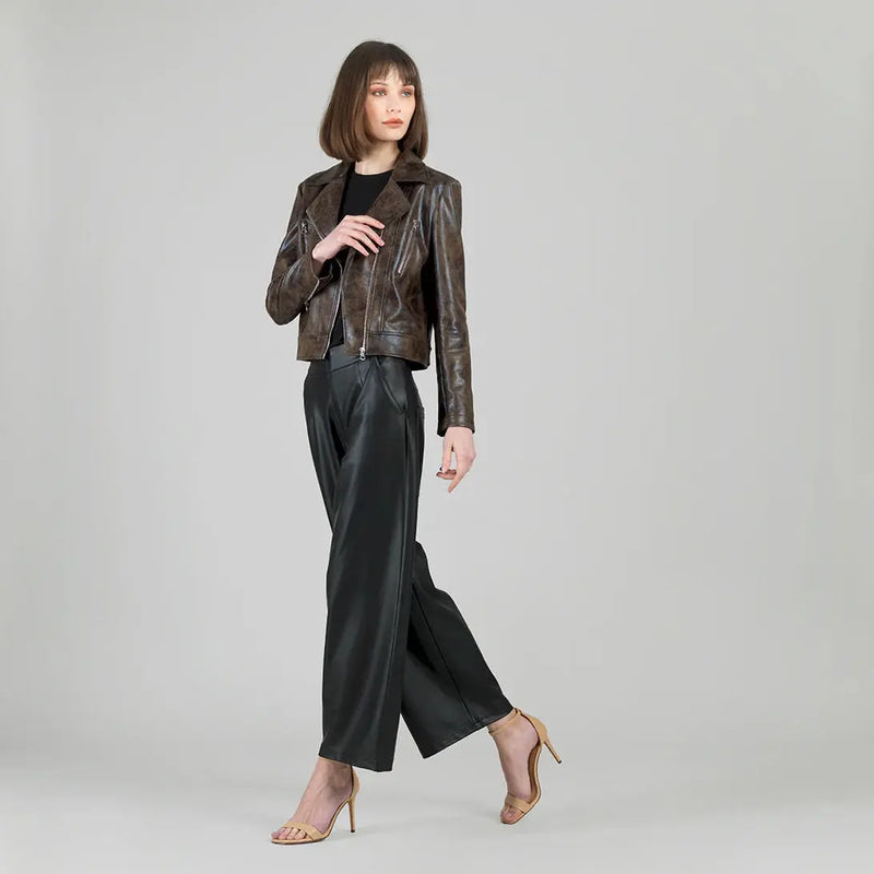 Vegan Leather Distressed Moto Waist Jacket - Brown Clara Sun Woo