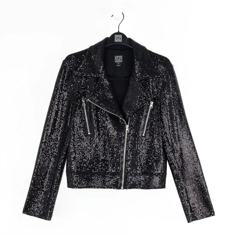 Sequin Knit - Moto Waist Jacket - Black Clara Sun Woo