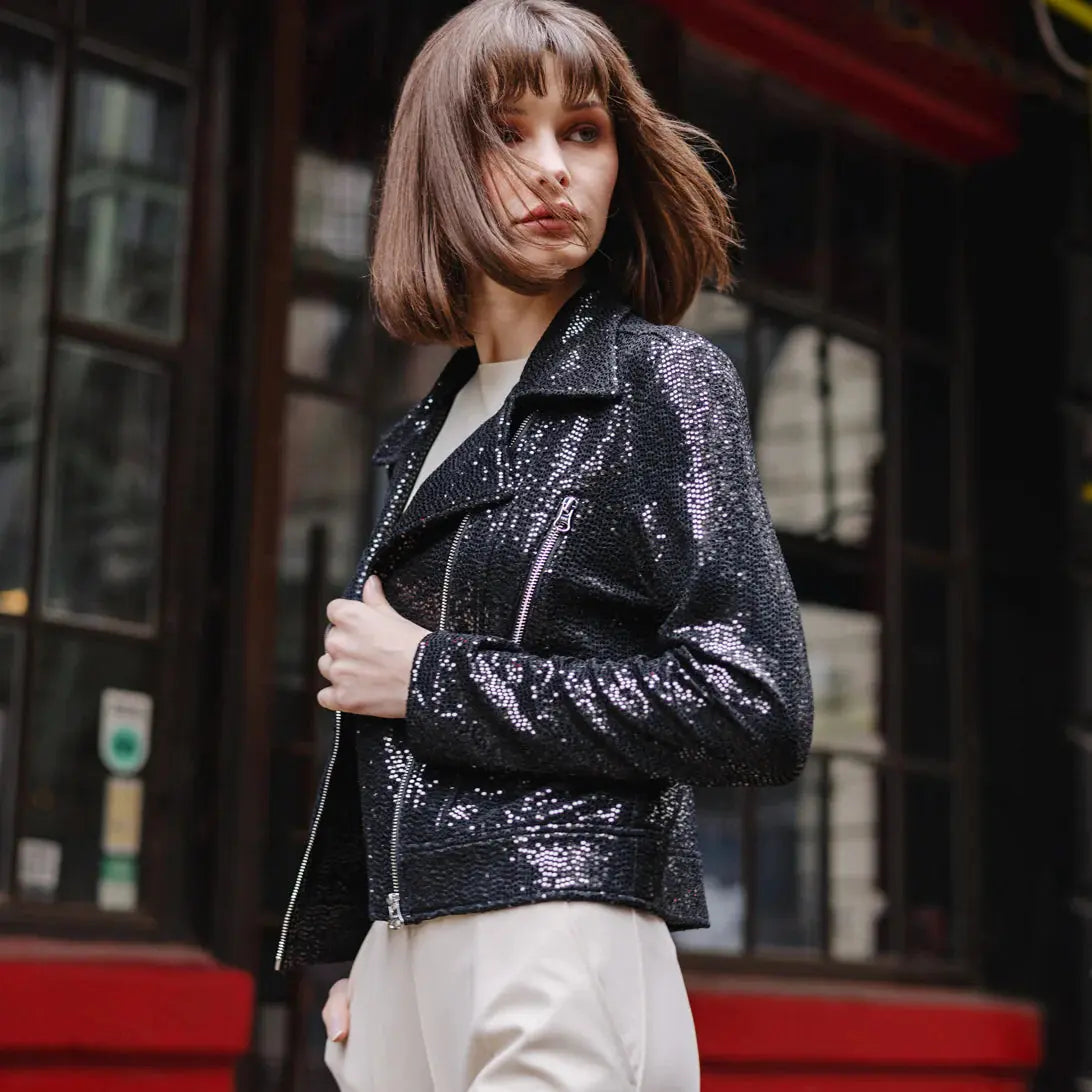 Sequin Knit - Moto Waist Jacket - Black Clara Sun Woo