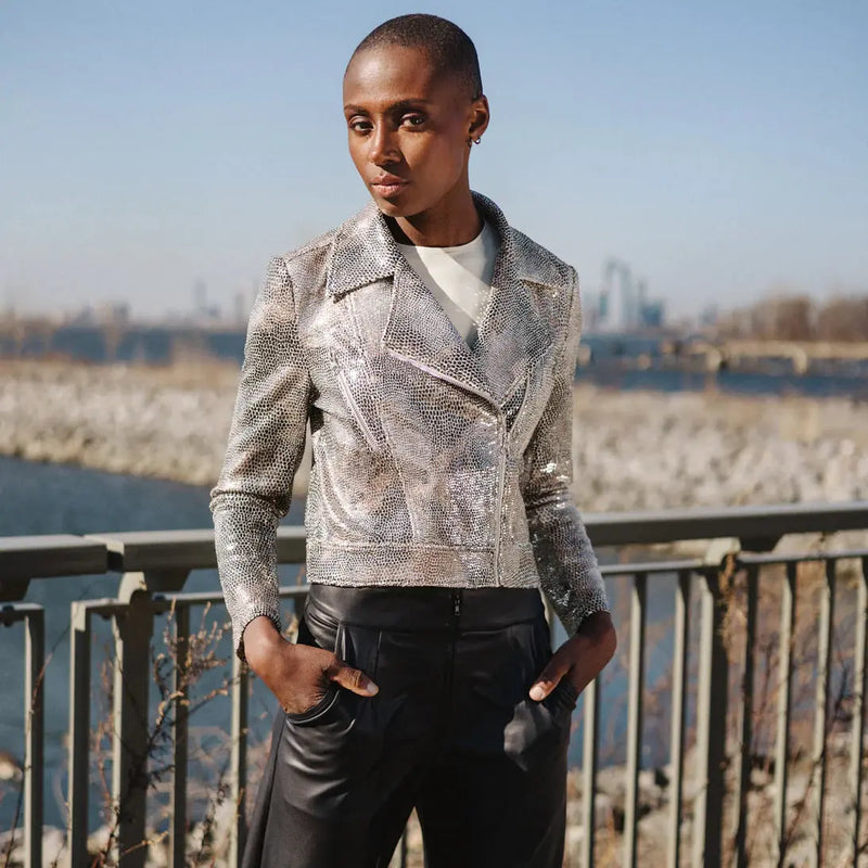 Sequin Knit Moto Jacket - Champagne Clara Sun Woo