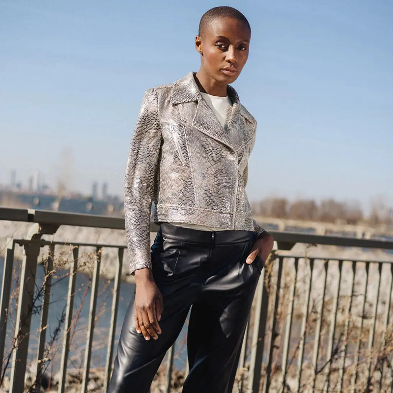 Sequin Knit Moto Jacket - Champagne Clara Sun Woo